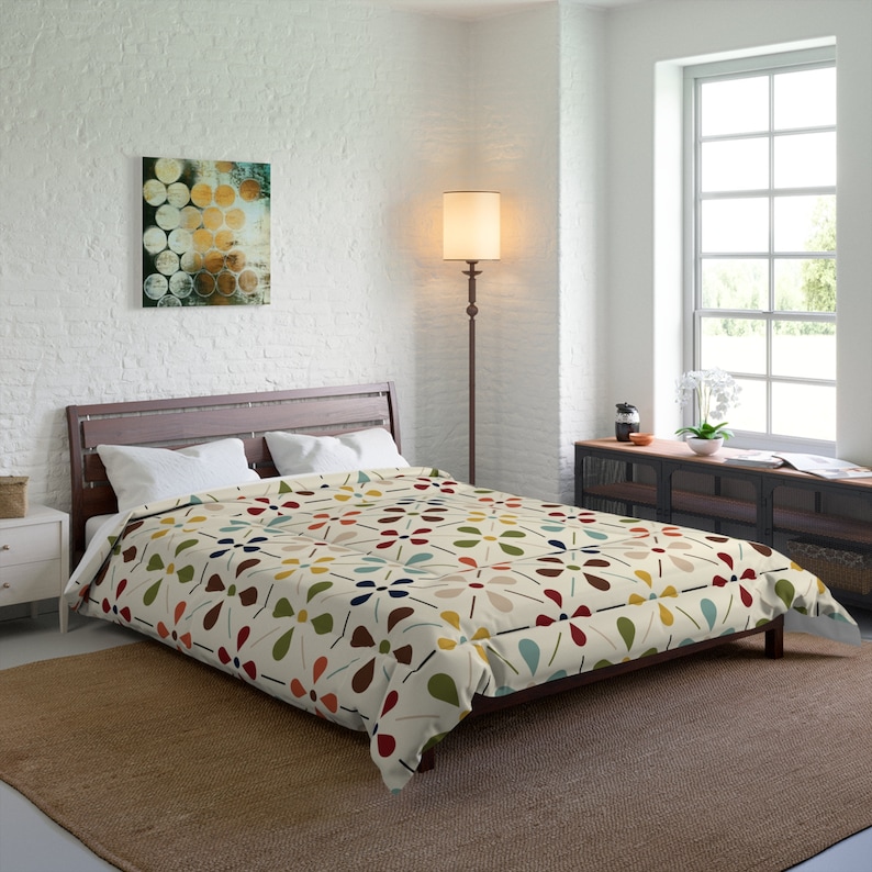 MCM Floral Comforter, Minimalist Scandinavian Modern Danish Retro Whimsical Blooms Bedding image 7