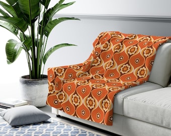 Retro 70s Orange Floral Sherpa Throw, Groovy Mid Century Modern Blanket