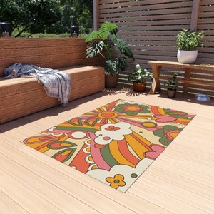 70s Groovy Hippie Retro Outdoor Rug, Mid Mod 70s Flower Power Patio Rug ...