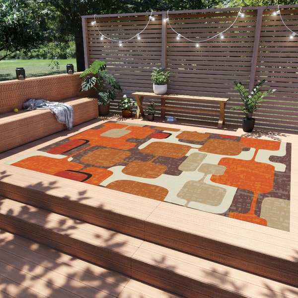 70s Retro Burnt Orange, Earthy Brown and Cream Geometric Mid Century Modern Indoor/Outdoor Patio & Porch Area Rug