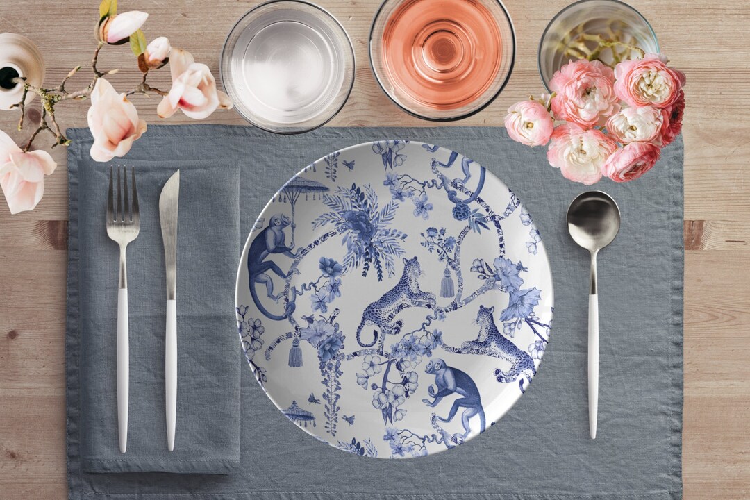 Chinoiserie Botanical Toile Dinner Plate, Blue White Chinoiserie