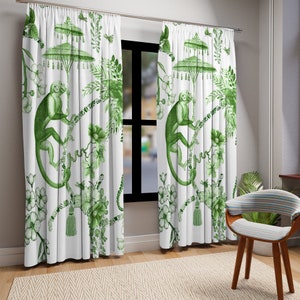 Chinoiserie Jungle Botanical Toile Window Curtains, Green, White Chinoiserie Floral Curtain Panels, Country Farmhouse Decor - 122481123