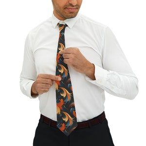 Retro Marbled Swirl Necktie, Navy, Burnt Orange, Vintage-Inspired Mens Fashion Tie, Dapper Accessory