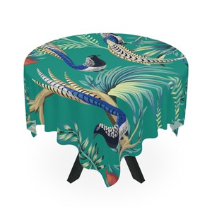 Chinoiserie Peacock Floral Tablecloth, Vintage Tropical Birds on Pomegranate Tree, Custom Floral Table Linen, Chinoiserie Tableware
