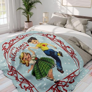 Manta de San Valentín kitsch vintage, manta de vellón sherpa retro para niño y niña bailando de mediados de siglo