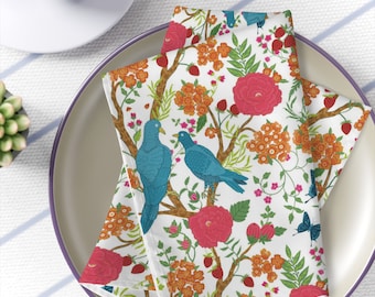 Set of 4 Chinoiserie Floral and Exotic Bird Botanical Garden Napkins in Pink, Green, Orange and Blue by Kate McEnroe New York - KM13809926