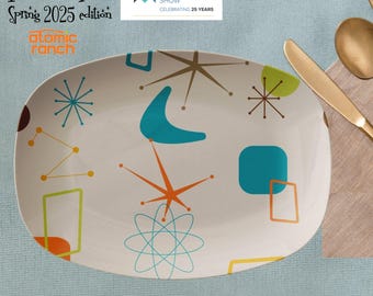 Jaren 50 retro mid mod geometrische serveerschaal, retro beige, oranje, blauwgroen blauw, limoen servies, jaren 50/60 MCM keukengerei cadeaus