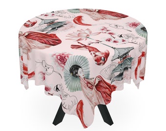 Japanese Tablecloth, Japanese Geisha Koi And Temple Floral Tablecloth, Asian Pattern Table Linens, Cherry Blossom Floral Print Table Covers