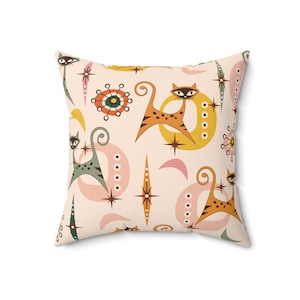 50s Sputnik Atomic Cat Throw Pillow, Retro Mid Century Modern Cushion with Insert, Vintage Living Room, Bedroom Decor, Unique Kitty Design