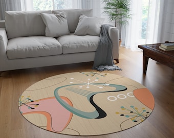 Mid-Century Modern Round Rug, Retro Abstract Design Area Rug, MCM Teal Peach Home Decor, 50s Style Circular Carpet