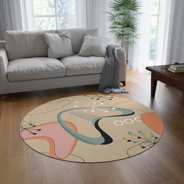 Mid-Century Modern Round Rug, Retro Abstract Design Area Rug, MCM Teal Peach Home Decor, 50s Style Circular Carpet