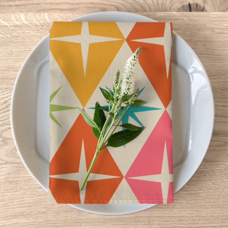 Set of 4 Retro Vintage Cloth Napkins, 50s Mid Century Modern Diamond Starbursts, Teal, Pink, Burnt Orange, Mustard Yellow, Lime MCM Colors image 4