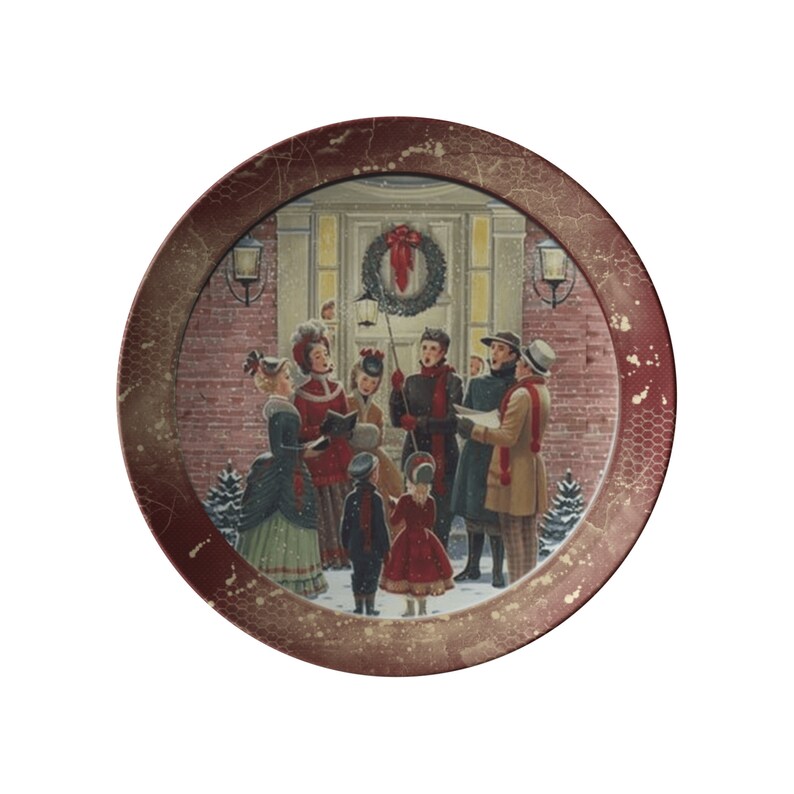 May include: A vintage-style Christmas plate with a red border and a gold-toned inner frame. The plate features a scene of people singing carols in front of a house decorated with a wreath.
