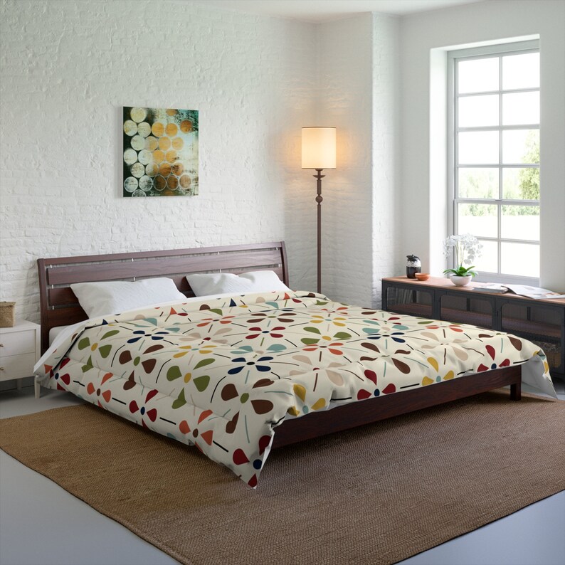 MCM Floral Comforter, Minimalist Scandinavian Modern Danish Retro Whimsical Blooms Bedding image 4