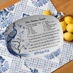 Op maat gemaakte receptenschaal chinoiserie blauwe pauw, gepersonaliseerde boerderij familie aandenken dienblad
