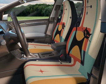 Mid Century Modern Atomic Cat Car Seat Cover Set, Geometric Teal Blue, Mustard Yellow, Cream MCM Starburst Car Decor, Retro Seat Protector