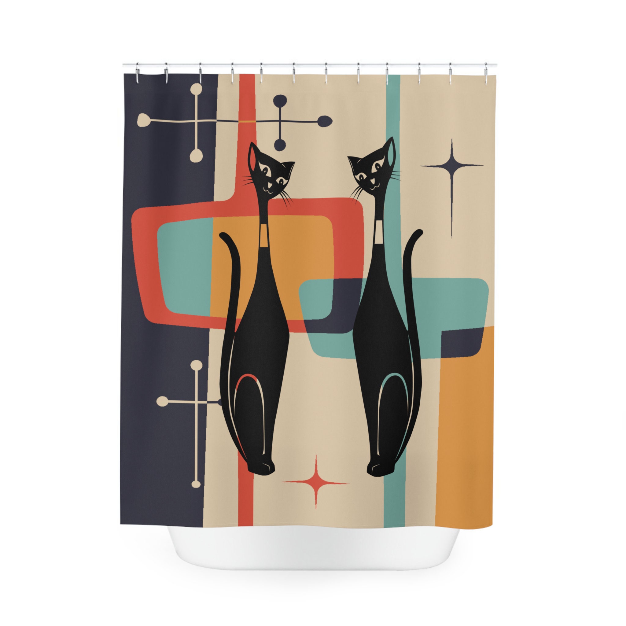 Mid Century Duschvorhang Mit Katzen & Sternen – Retro-Design, 180x180 Cm, Polyester