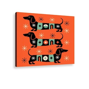 Retro Dachshund Mid Century Modern Wall Art, Vintage Kitsch Doxie Dog Starburst Canvas