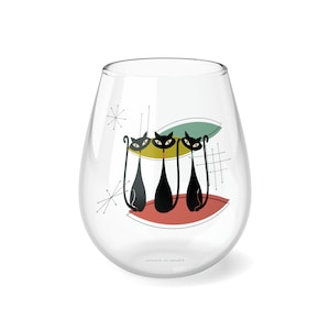 Atomic Cat Stemless Wine Glass, Mid Century Modern Bar Decor, Retro Kitty Glassware