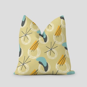 Atomic Boomerang Mid Century 1950s Throw Pillow with Insert, Retro Abstract Aqua Blue, Mustard Yellow Accent Pillow, MCM Home Decor Gifts