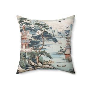 Chinoiserie Pagoda Landscape Floral Throw Pillow, Country Farmhouse Grandmillenial Decor, Asian Country Scene Cushion Covers - 121181023