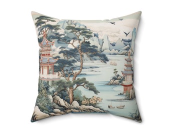 Chinoiserie Pagoda Landscape Floral Throw Pillow, Country Farmhouse Grandmillenial Decor, Asian Country Scene Cushion Covers - 121181023