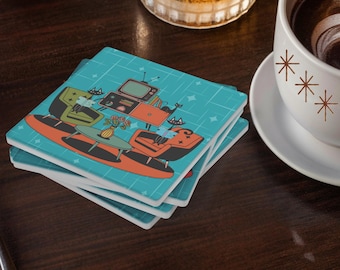Atomic Cat Reading Lounge Coasters, Mid Century Modern 50s Drinkware Set of 4