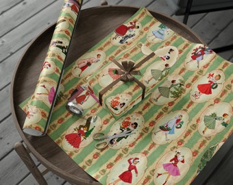 Papel de regalo navideño vintage de los años 50, estilo retro moderno de mediados de siglo, verde y rojo, para mujeres, señoras y amas de casa.