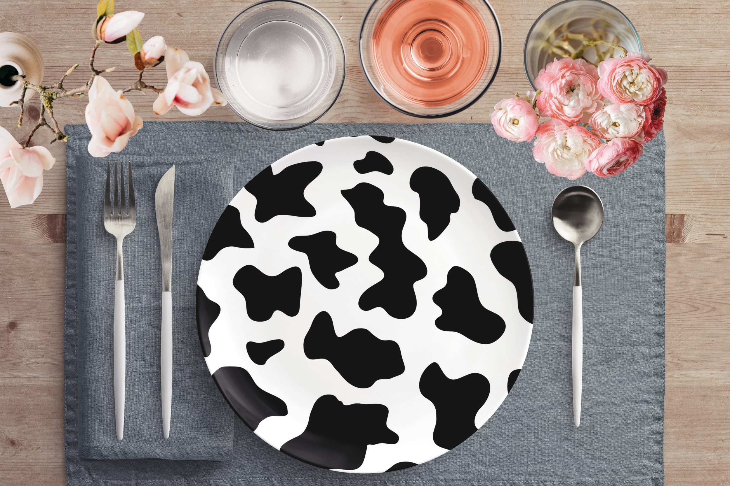 Dinner Plates in Black and White Cow Print Custom Designed Farmhouse Dinnerware Country Western Dishes Oven Dishwasher Microwave Safe Etsy
