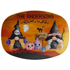 Personalized Gnome Witches Vampires Pumpkins Halloween Platter, Family Name Decorative Platters, Halloween Dinnerware Decor, Halloween Party