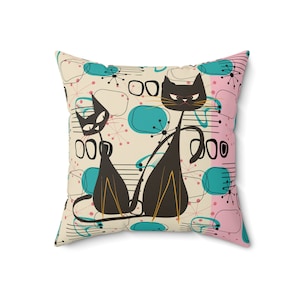 Retro Atomic Cat Mid Century Modern Throw Pillow, Geometric Pink Turquoise and Black MCM Cushion