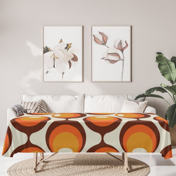 Mid Century Modern Retro Groovy Orbs Tablecloth, Atomic Age Vintage Style Orange, Brown, Yellow Table Linens