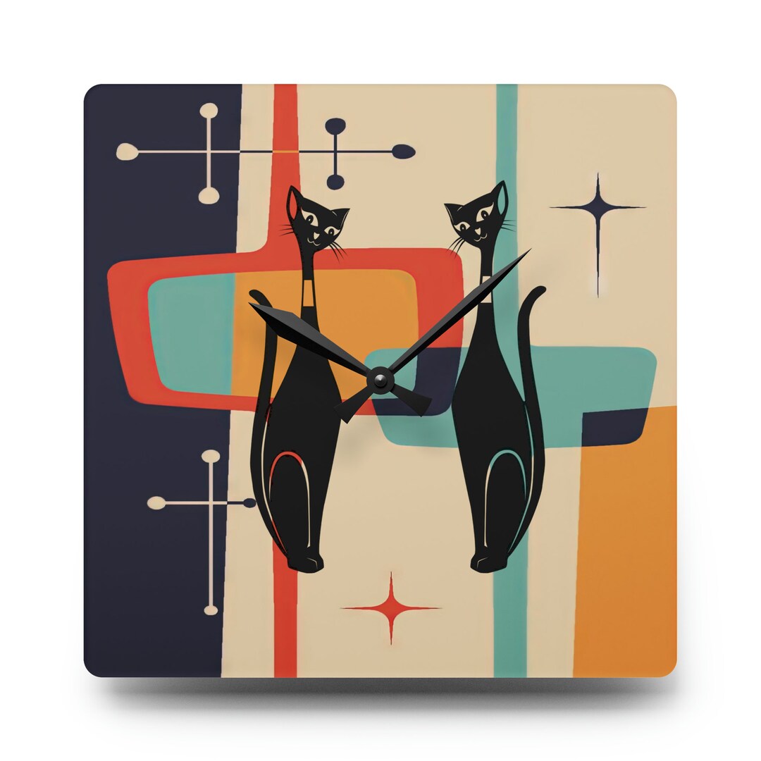Atomic Cat Acrylic Wall Clock, Kitschy Retro MCM Living Room, Bedroom