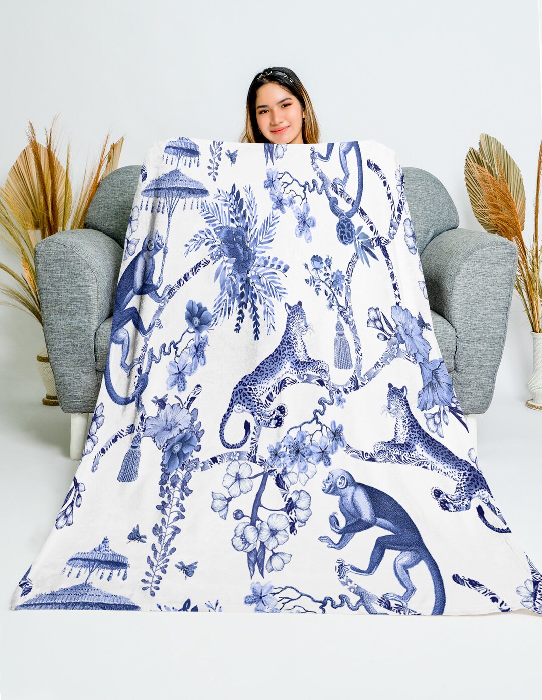 Chinoiserie Grandmilenial Botanical Toile Throw Blanket, Floral Blue ...