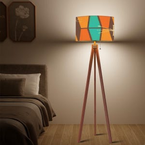 Atomic Starburst Tripod Floor Lamp: Mid Century Modern Orange Teal Geometric Shade