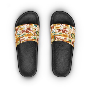 70s Groovy Hippie Retro Women&#39;s Slide Sandals, Mid Century Modern Slippers, Vintage 60s Floral Summer Sandal, Comfy Everyday Sandals,