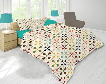 MCM Floral Comforter, Minimalist Scandinavian Modern Danish Retro Whimsical Blooms Bedding
