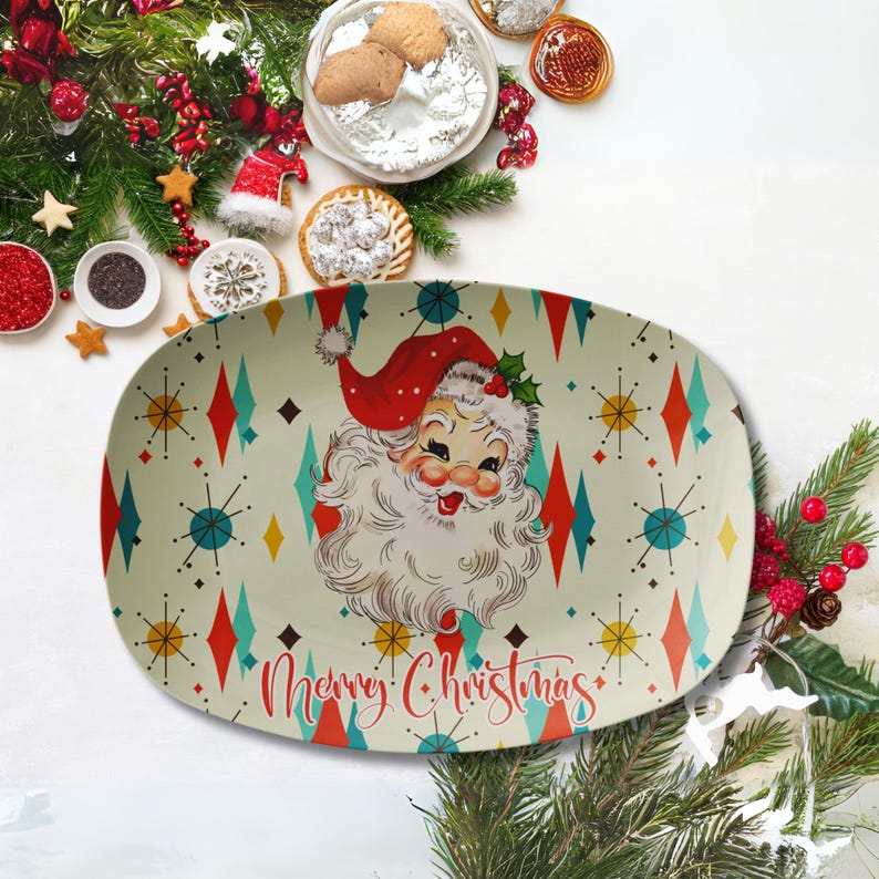 Mid Century Modern Franciscan Diamond Starburst Retro Vintage Santa Christmas Platter