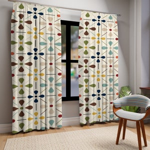 Mid Century Modern 1950s Retro Floral Window Curtains, Minimalist MCM Cream, Olive, Mustard, Brown Curtain Panel Drapes