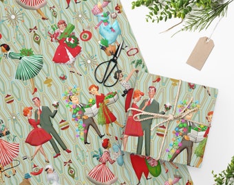 1950s Retro Vintage Christmas Wrapping Paper, Mid Century Modern Retro Green, Red, Women, Ladies, Housewives Holiday Gift Wrap