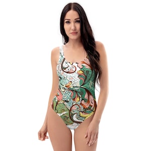 Zwempak uit één stuk met luxe bloemenlibelprint, hoog uitgesneden badpak met lage rug voor dames