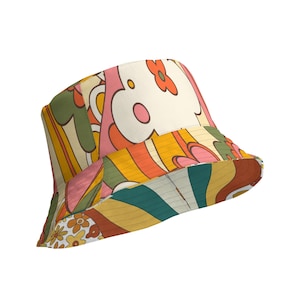 70s Retro Sunshine Mid Century Modern Hippie, Orange, Yellow Reversible Bucket Hat