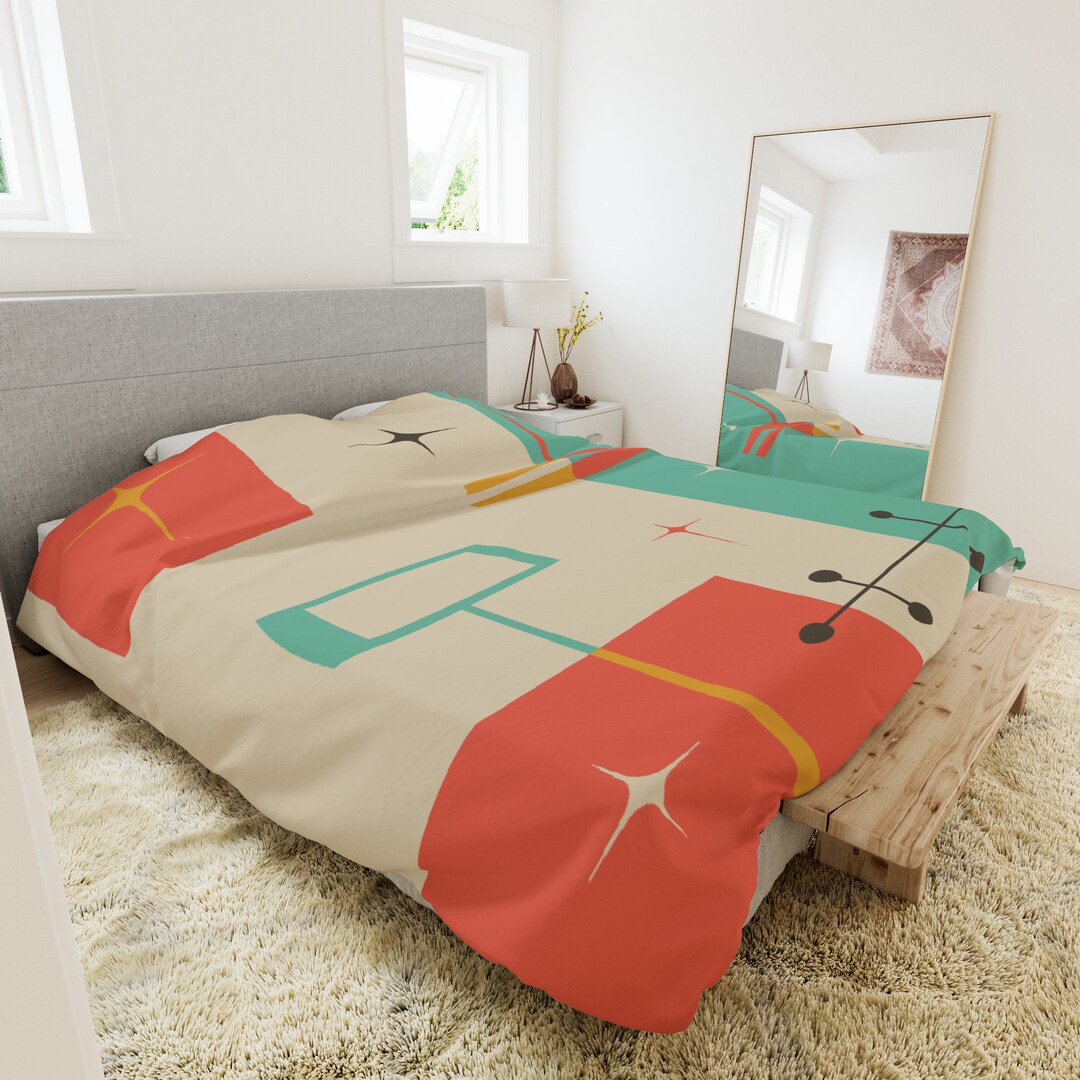 MCM Atomic Starburst Duvet Cover, Retro Geometric Abstract Teal, Burnt ...