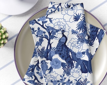 Set of 4 Chinoiserie Peacock Napkins, Blue and White Floral Print, Elegant Table Linens, Oriental Bird Design, Chic Dining Decor