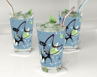 Atomic Cat Mid Century 16oz Pint Glass, Retro MCM Barware