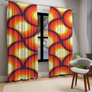 Window Curtains In Mid Century Modern Geometric Circles, Custom 1970s Retro Orange, Yellow, Blackout or Sheer Window Panels, MCM Home Decor