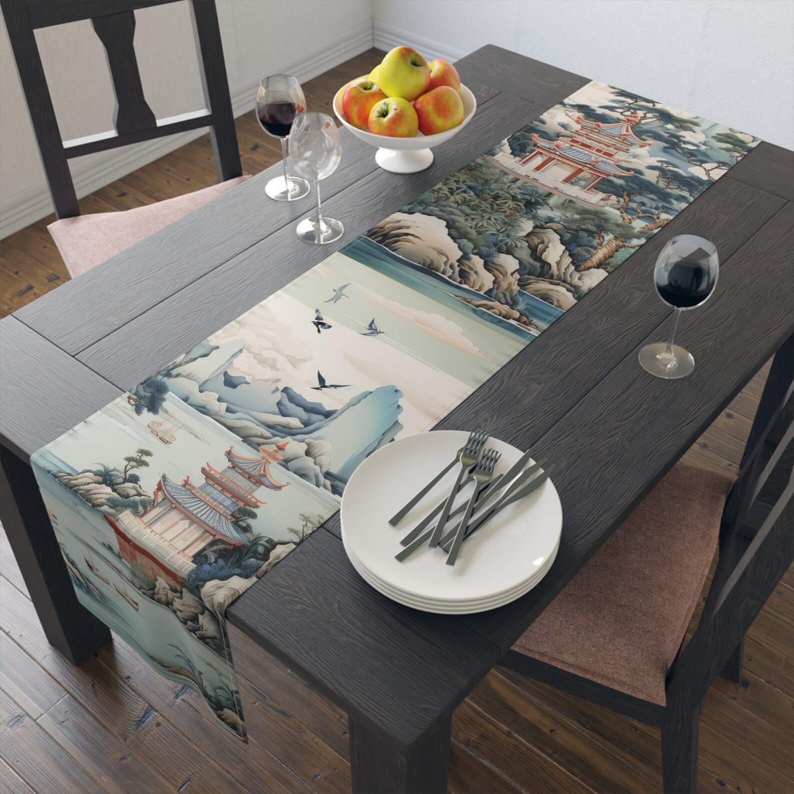 Chinoiserie Pagoda Floral Table Runner, Country Chic Farmhouse Table Linens, Wedding Table Decor, Grandmillenial Kitchen Decor - 11218823