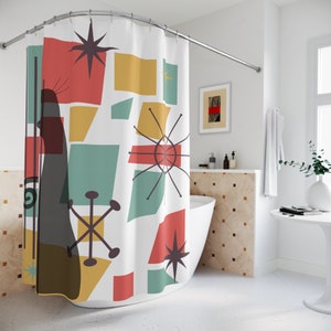 Cortina de chuveiro de gato atômico, decoração moderna de banheiro de meados do século, acessório de banho retrô