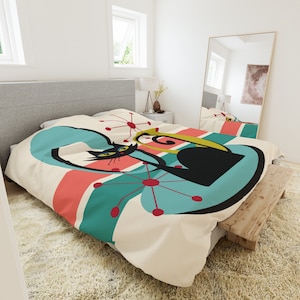 Mid Century Modern Atomic Cat Duvet Cover, Retro MCM Starburst Teal, Beige, Coral Bedding, Nostalgic 50s Bedroom Decor