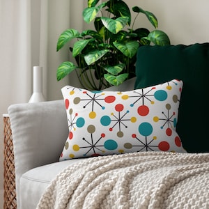 Mid-Century Modern Lumbar Pillow, Retro Atomic Design, Vibrant Sputnik Pattern Throw Cushion, 50s Inspired Home Decor
